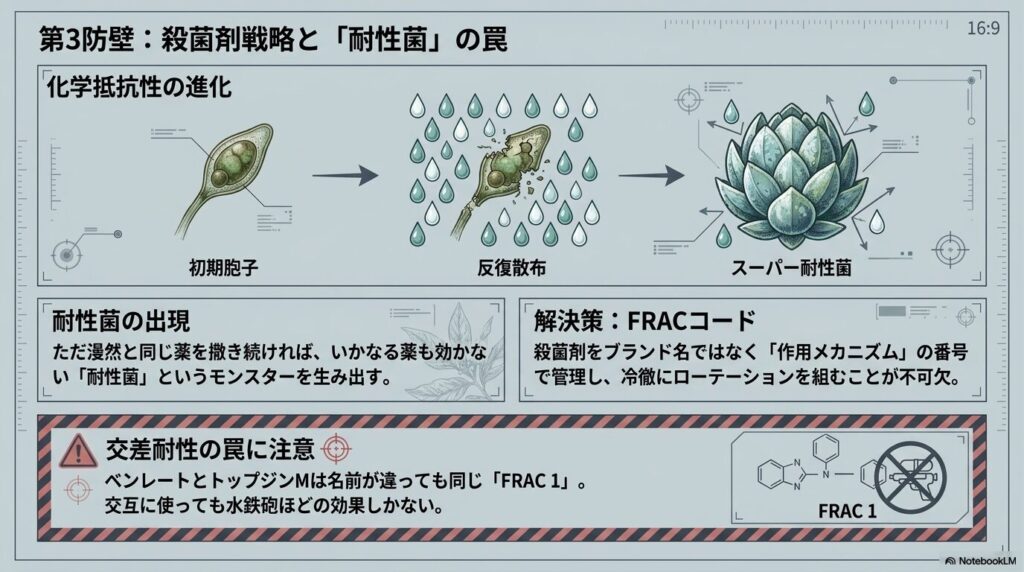 殺菌剤の反復散布によって初期胞子がスーパー耐性菌へと進化する過程の図解。