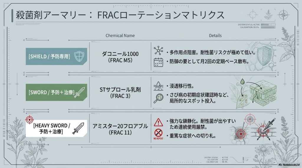 ダコニール1000、STサプロール乳剤、アミスター20フロアブルの特性とFRACコードをまとめた一覧表。