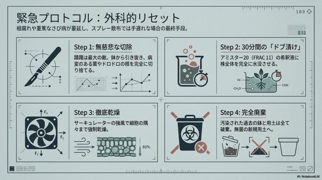 重篤な病害に対する外科的切除、殺菌剤のドブ漬け、徹底乾燥、完全廃棄の緊急プロトコル図解。