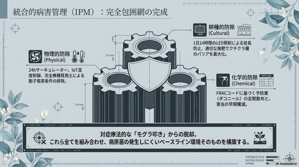 耕種的防除、物理的防除、化学的防除を組み合わせた統合的病害管理（IPM）の構造図。