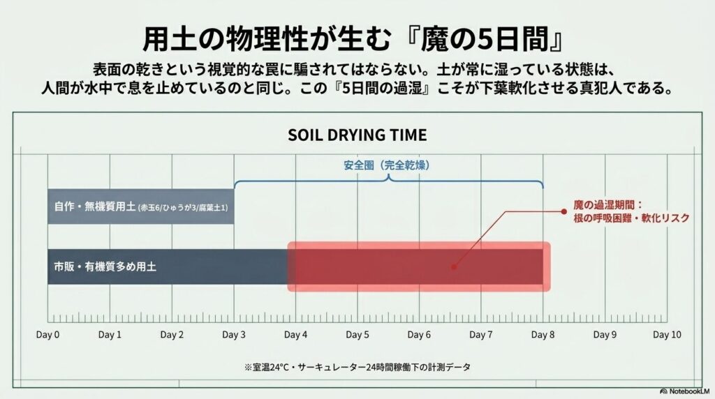 無機質用土と有機質用土における土壌乾燥スピードの比較と過湿期間のリスク