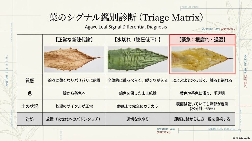 アガベの葉の質感や色に基づくシグナル鑑別診断表と根腐れの緊急アラート