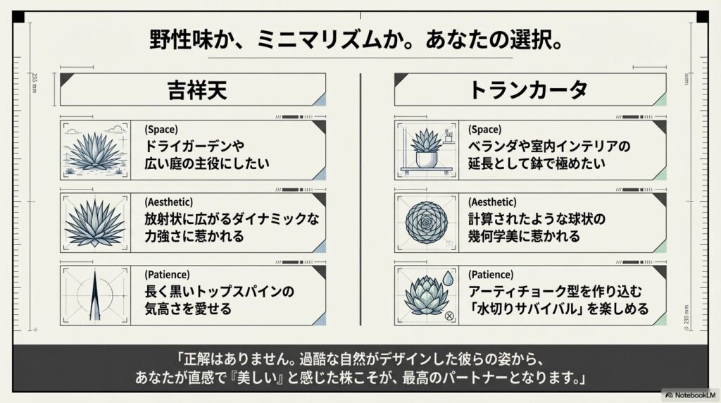 ドライガーデン向きの吉祥天とベランダ向きのトランカータの特徴をまとめ、美意識による選択を促す比較画像