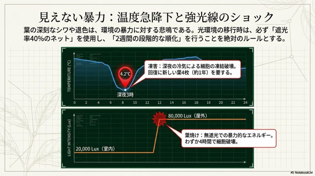 深夜の冷え込みによる凍害と強光線による葉焼けのダメージを示す温度・照度グラフ
