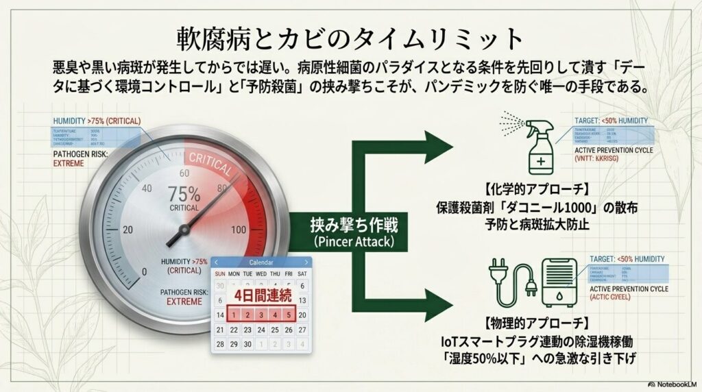 湿度75%以上での病原菌発生リスクと、ダコニール散布・除湿機稼働による挟み撃ち作戦