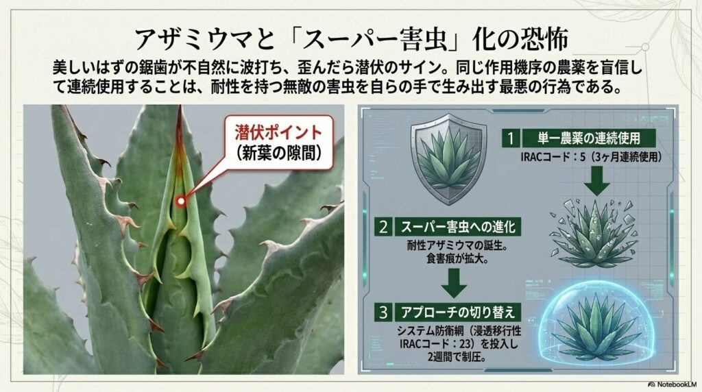 新葉の隙間に潜伏するアザミウマと、単一農薬の連続使用によるスーパー害虫化プロセス