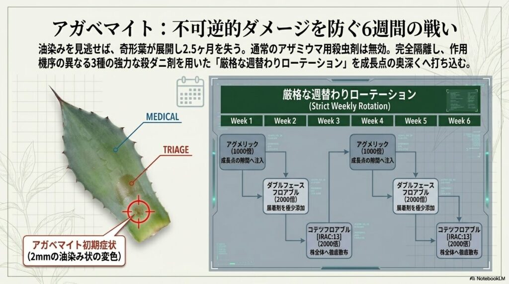 アガベマイト初期症状の油染み状変色と、3種の殺ダニ専用剤を用いた6週間のローテーション防除