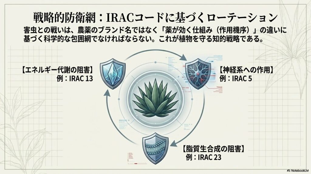 IRACコードに基づく神経系や脂質生合成など異なる作用機序を用いた農薬ローテーションの概念図