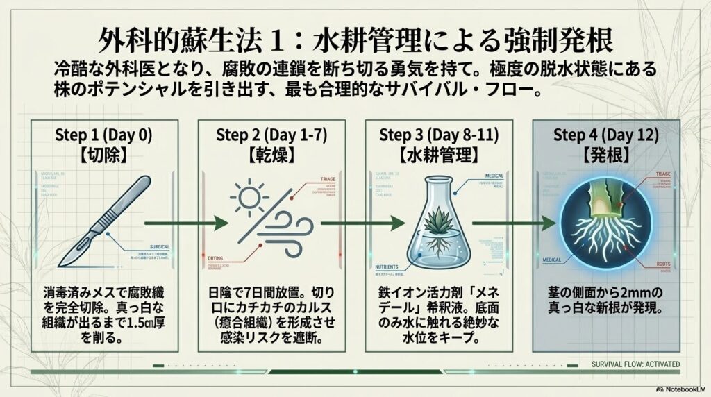 腐敗組織の切除から乾燥、メネデール液を用いた水耕管理を経て発根させる外科的蘇生ステップ