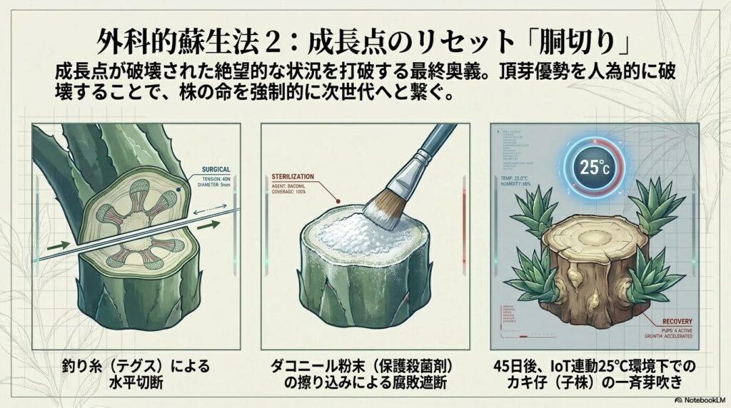 テグスによる胴切り切断、ダコニール殺菌処理、および温度管理による子株の発生プロセス