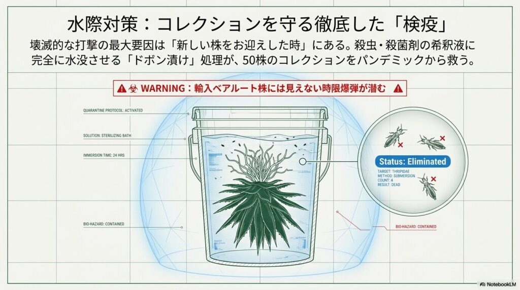 輸入ベアルート株に潜むアザミウマなどの害虫を薬液への水没で駆除する検疫プロトコル