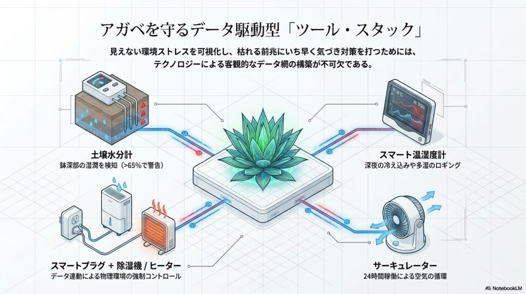 土壌水分計、スマート温湿度計、スマートプラグなどを連携させたデータ駆動型のアガベ保護ツール網