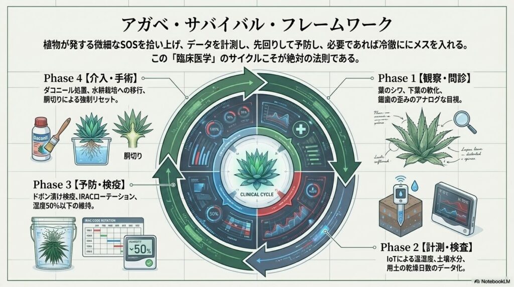 観察、計測、予防、介入の4フェーズからなるアガベ・サバイバル・フレームワークの全体像