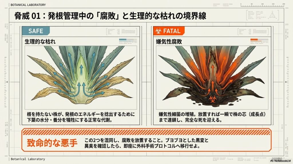 アガベが発根のエネルギーを捻出するために下葉の水分と養分を吸い上げる生理的な枯れのメカニズム
