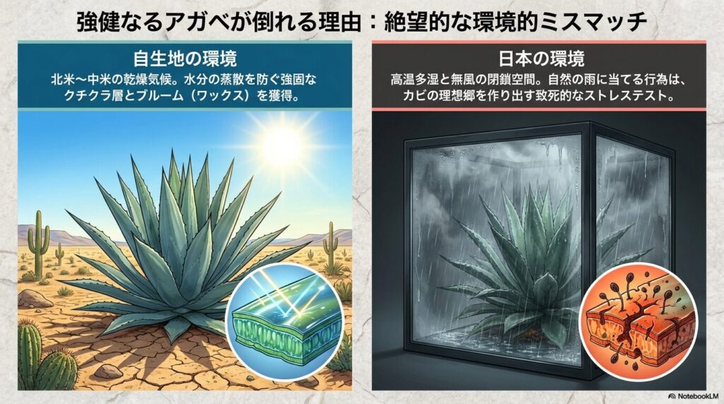 アガベの自生地である乾燥気候と日本の高温多湿環境のミスマッチを示す図解