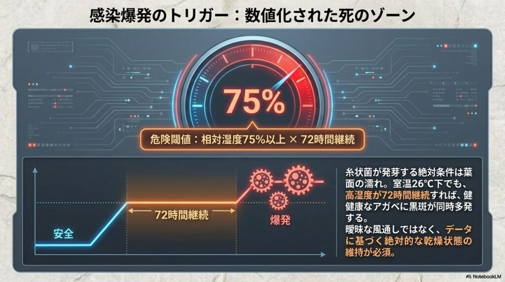 アガベの黒点病が感染爆発する湿度75%と72時間の危険閾値グラフ