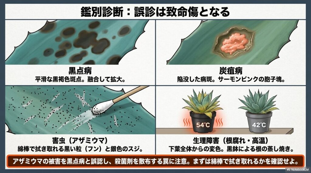 アガベの黒点病と炭疽病、アザミウマ被害、生理障害の症状の違いと鑑別ポイント