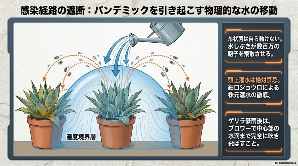 頭上からの水やりによる水しぶきがアガベの黒点病を感染拡大させる経路の図解