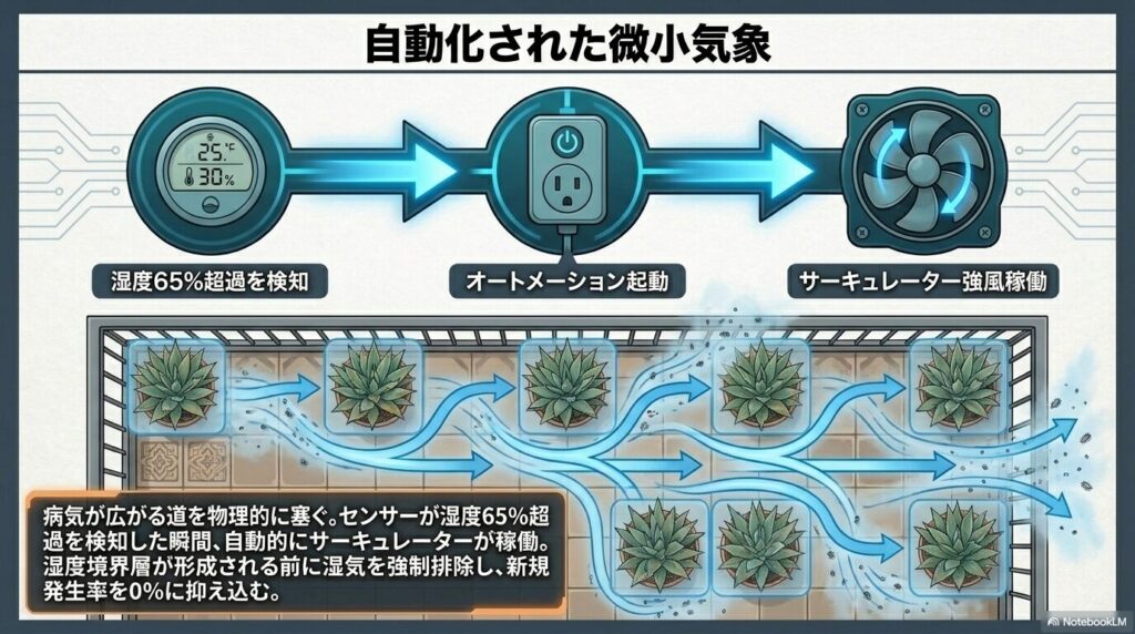 サーキュレーターを用いた自動化システムでアガベの湿度境界層を排除する気流制御の図