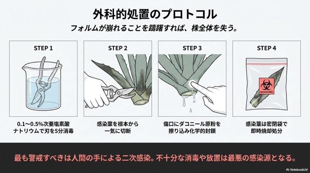 感染したアガベの葉を切る外科的処置と器具の消毒方法の4ステップ解説