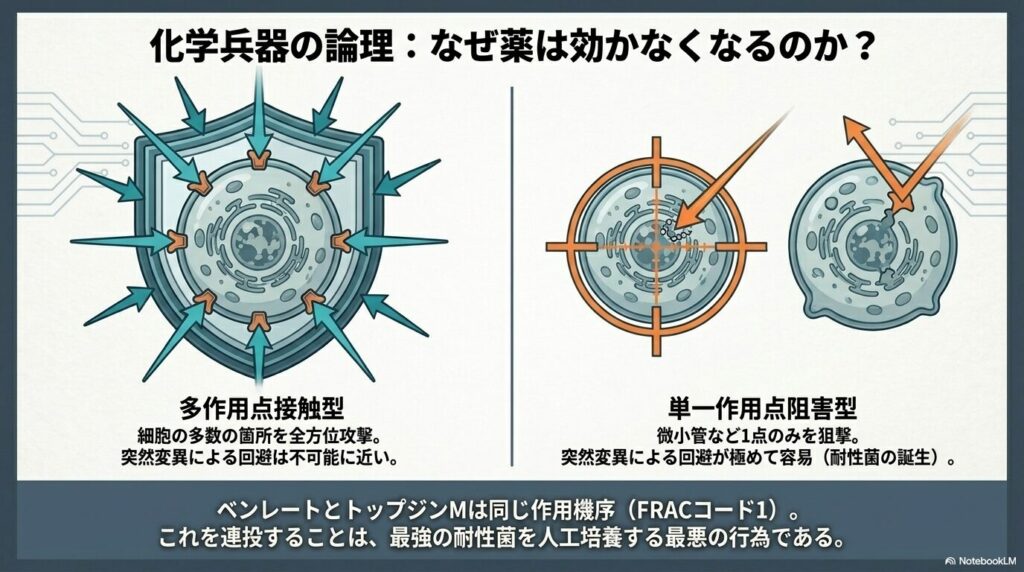 アガベの黒点病に対する多作用点接触型と単一作用点阻害型殺菌剤のメカニズム比較