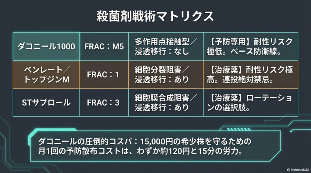 ダコニールやベンレートなどアガベの黒点病に有効な殺菌剤のFRACコード戦術マトリクス