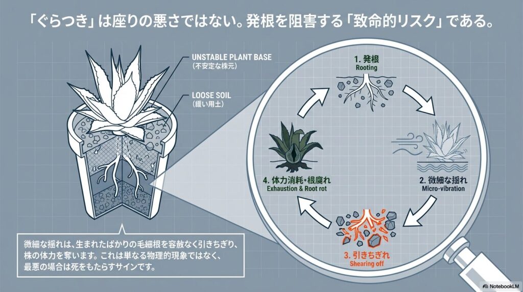 アガベのぐらつきが引き起こす微細な揺れと根の引きちぎれ、腐敗のリスク