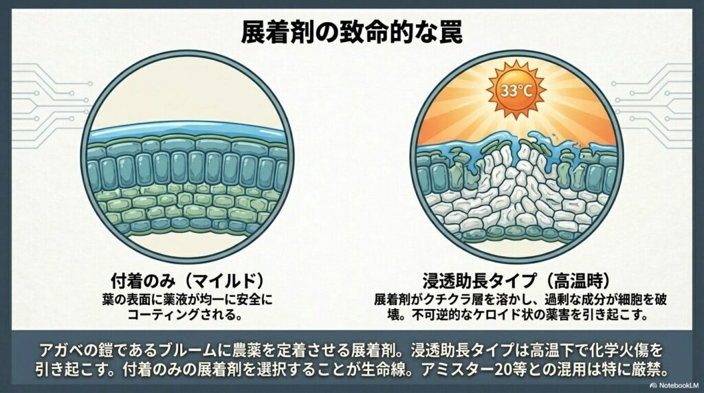 高温時に浸透助長タイプの展着剤がアガベのクチクラ層を破壊し薬害を起こす仕組み