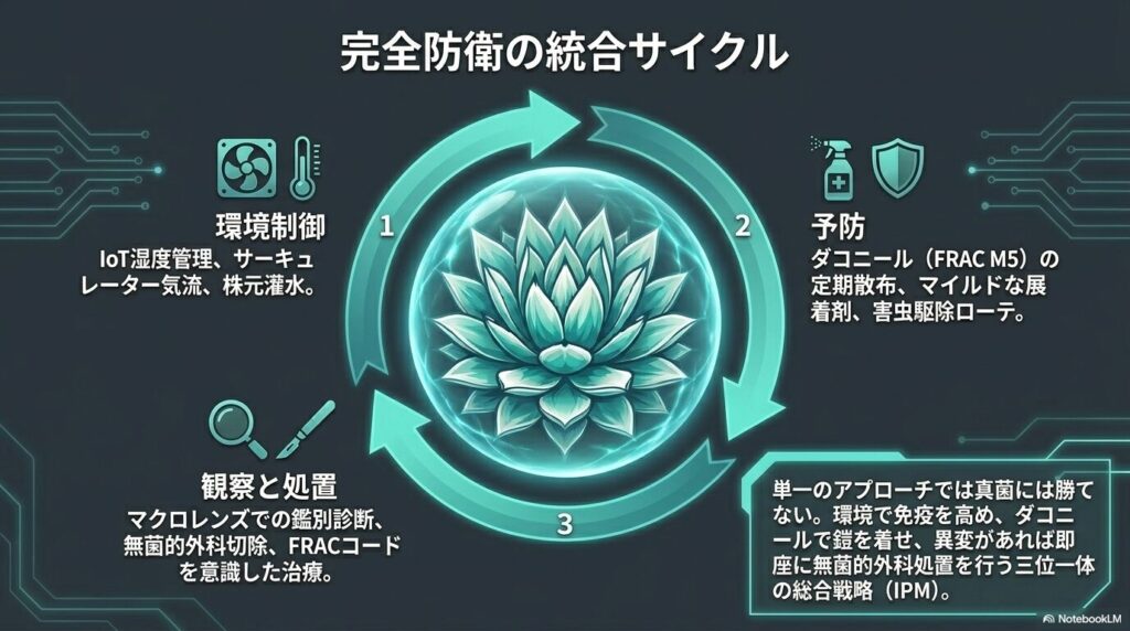 環境制御、処置、予防からなるアガベの黒点病を防ぐ総合的病害虫管理サイクル図