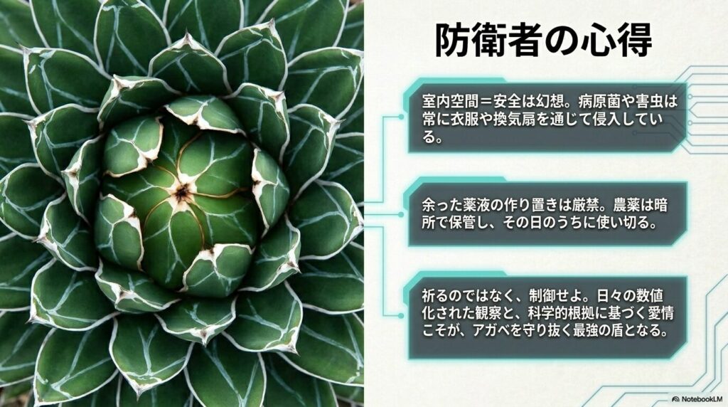 美しいロゼットを展開するアガベの写真と黒点病から株を守る防衛者の心得