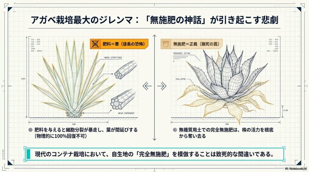アガベ栽培における肥料のやりすぎによる徒長と無施肥による栄養失調の比較図