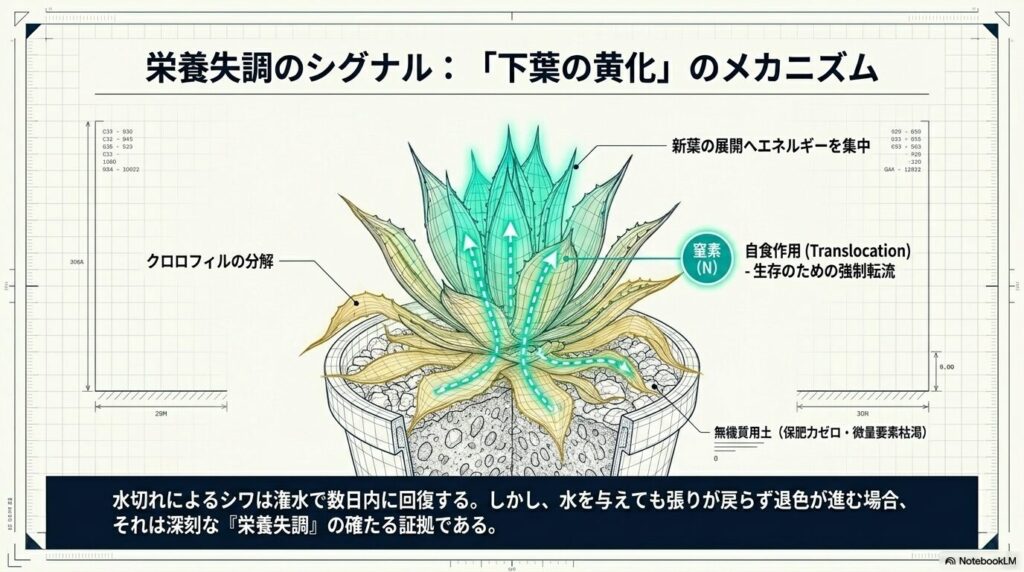 アガベが肥料不足に陥った際に見られる下葉の黄化と窒素の強制転流メカニズム
