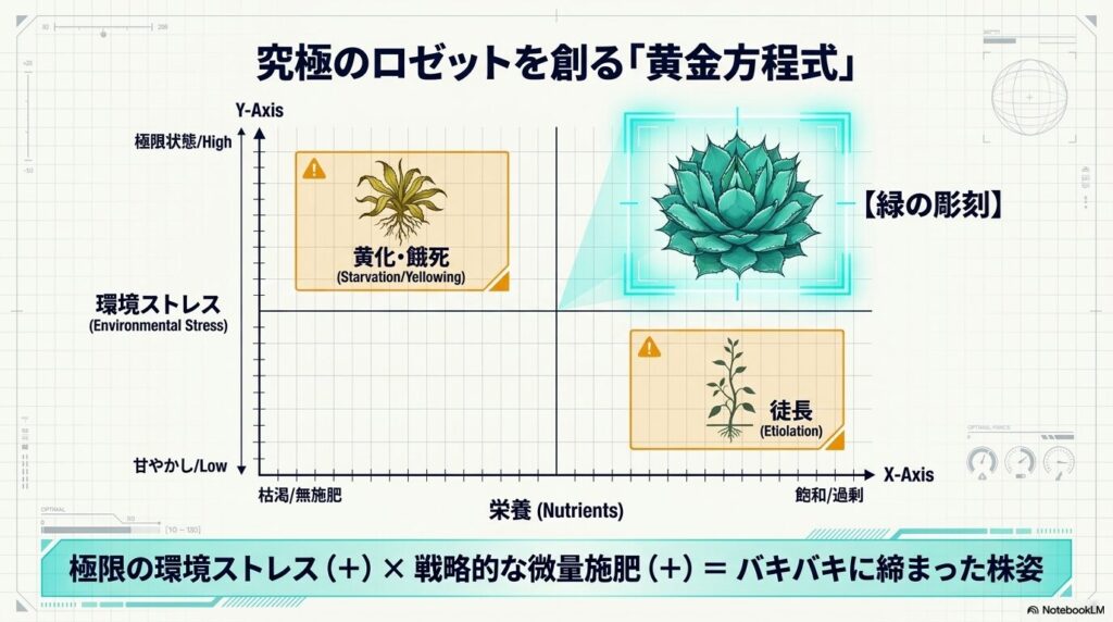 環境ストレスと栄養のバランスによるアガベの徒長・黄化・理想的なロゼット形成の相関図
