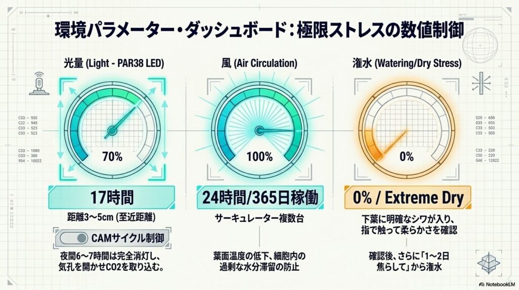 アガベの徒長を防ぐための光量、風速、潅水制限の極限ストレス設定ダッシュボード
