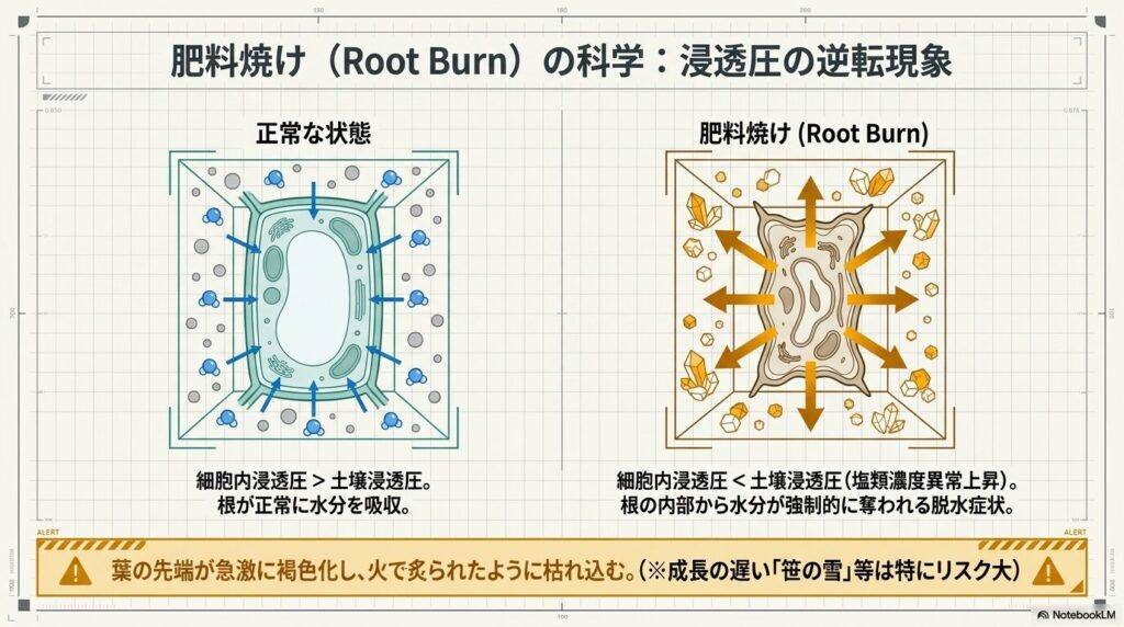 肥料の過剰投与による土壌の塩類濃度上昇とアガベの根の浸透圧逆転による脱水症状の図解