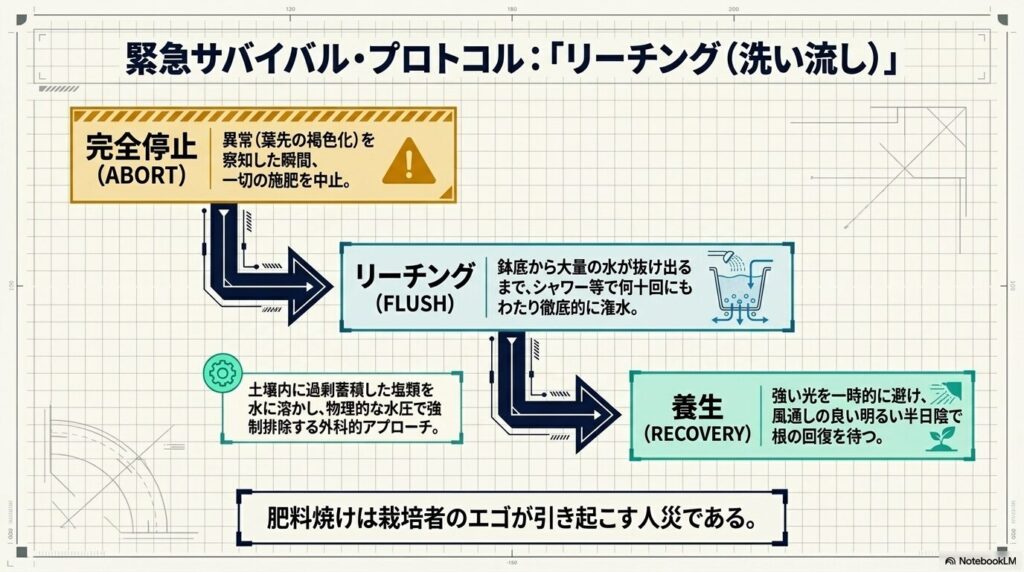 アガベの肥料焼けトラブル発生時に行う施肥の完全停止とリーチングによる土壌洗浄の緊急対応手順