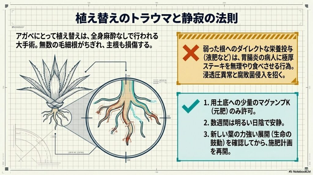 植え替え時に損傷したアガベの根と、弱った状態でのダイレクトな肥料投与によるダメージのリスク図解