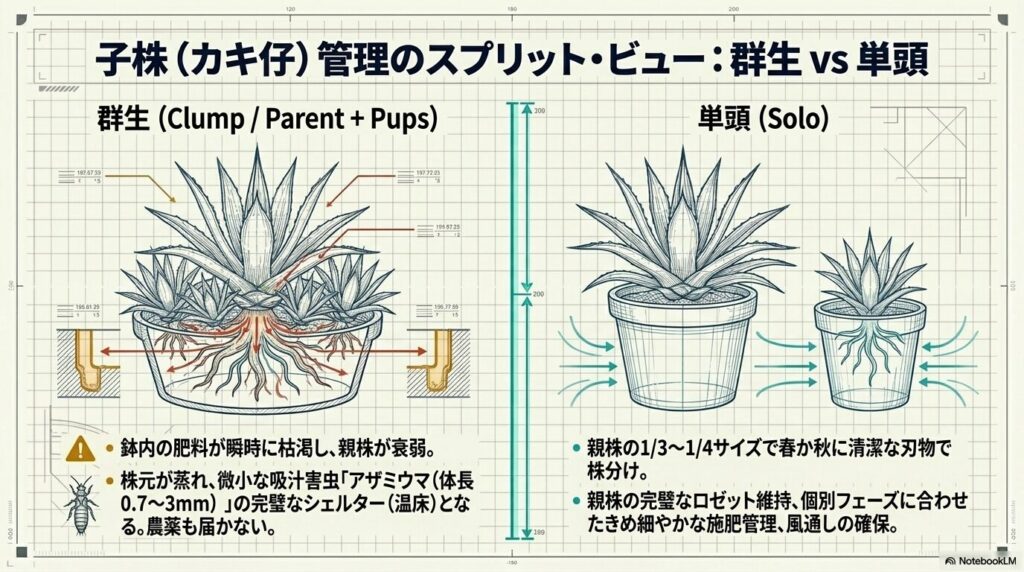 アガベの群生管理による親株の栄養枯渇リスクと単頭管理によるきめ細やかな肥料管理のメリット比較