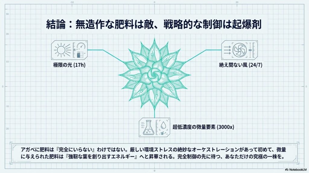 極限の光、絶え間ない風、超低濃度の微量要素によってアガベの強靭な葉を創り出す完全制御の結論
