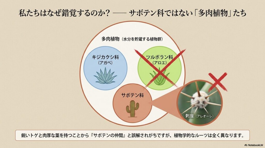 アガベ・アロエ・サボテンの植物学的な分類の違いと刺座（アレオーレ）の解説図