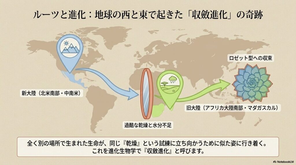 新大陸のアガベと旧大陸のアロエにおける収斂進化のメカニズムを示す世界地図