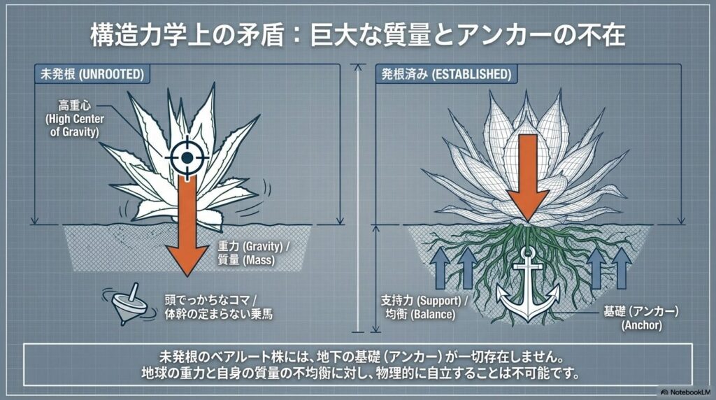 未発根のアガベの高重心と発根済み株のアンカー効果による力学的比較