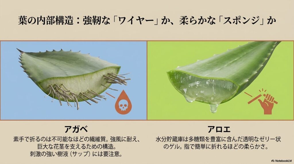 アガベの強靭な繊維質とアロエのゼリー状ゲルの内部構造の比較図