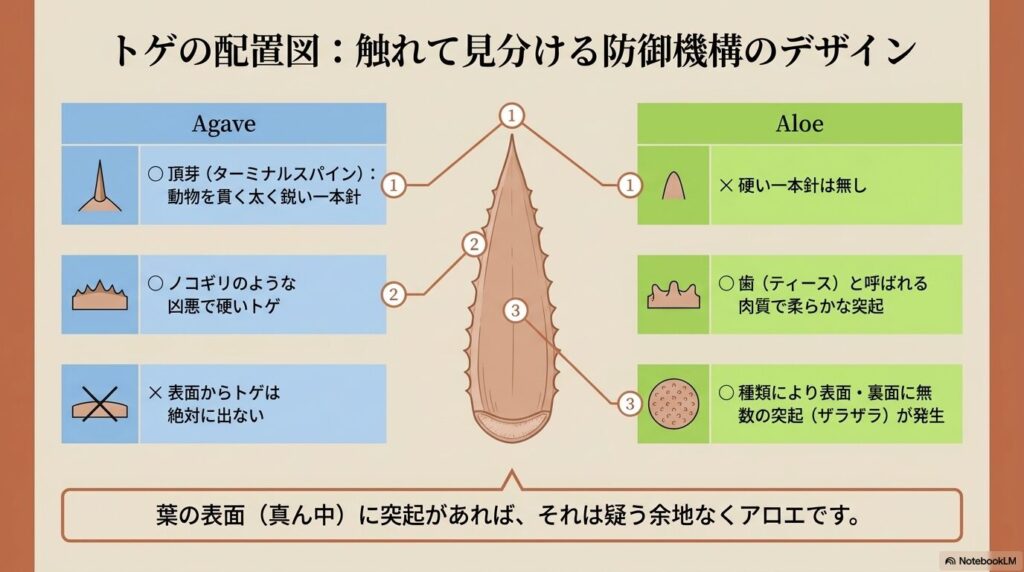 アガベの鋭い頂芽（ターミナルスパイン）とアロエの柔らかい歯（ティース）の配置図