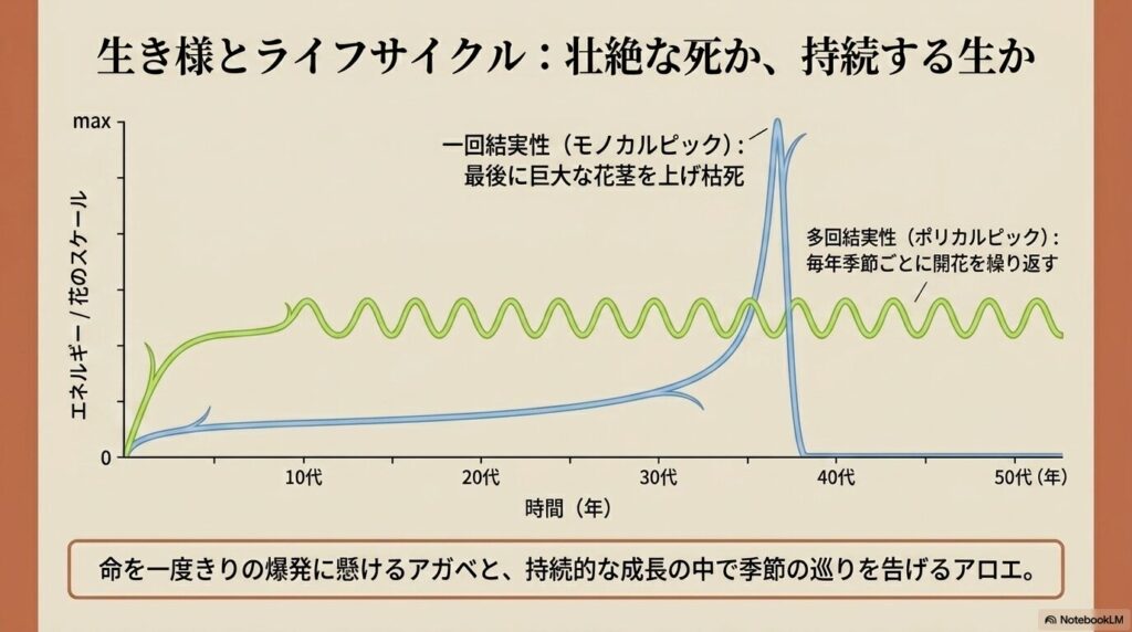 アガベの一回結実性とアロエの多回結実性の開花エネルギーを示すグラフ
