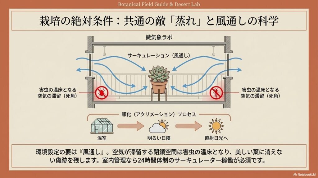 多肉植物の害虫予防と風通し（サーキュレーション）の重要性を示す微気象ラボの解説図