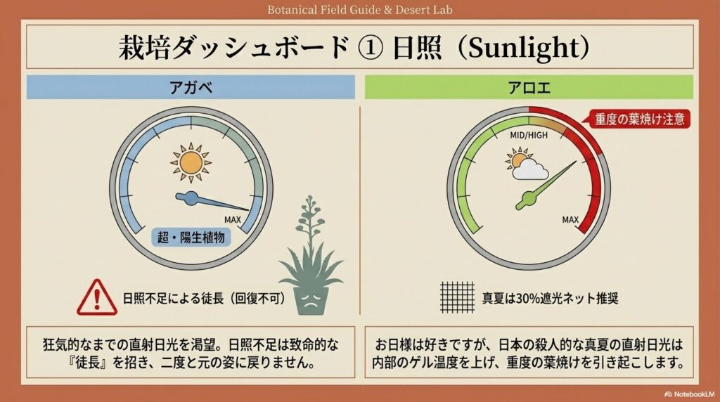 アガベとアロエの日照条件の違いを示す栽培ダッシュボード