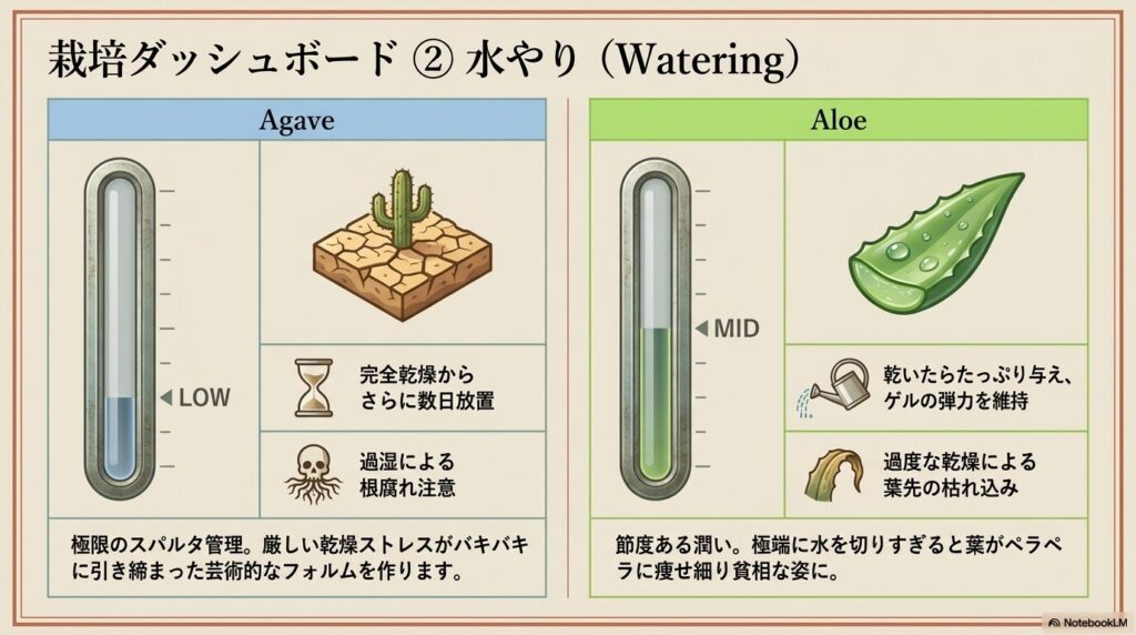 スパルタ管理のアガベと適度な水分を求めるアロエの水やり頻度ダッシュボード