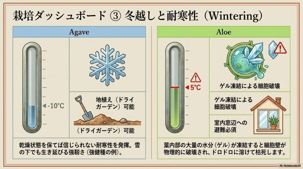 アガベの耐寒性とアロエの霜による細胞破壊のリスクを示す温度管理ダッシュボード