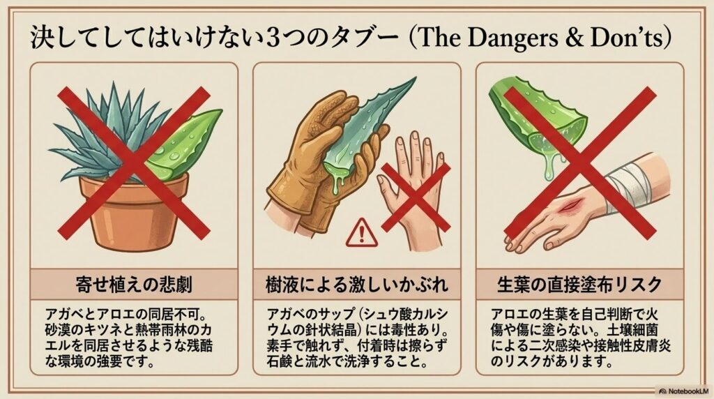 アガベとアロエの寄せ植え、樹液の毒性、生葉の直接塗布に関する3つのタブー